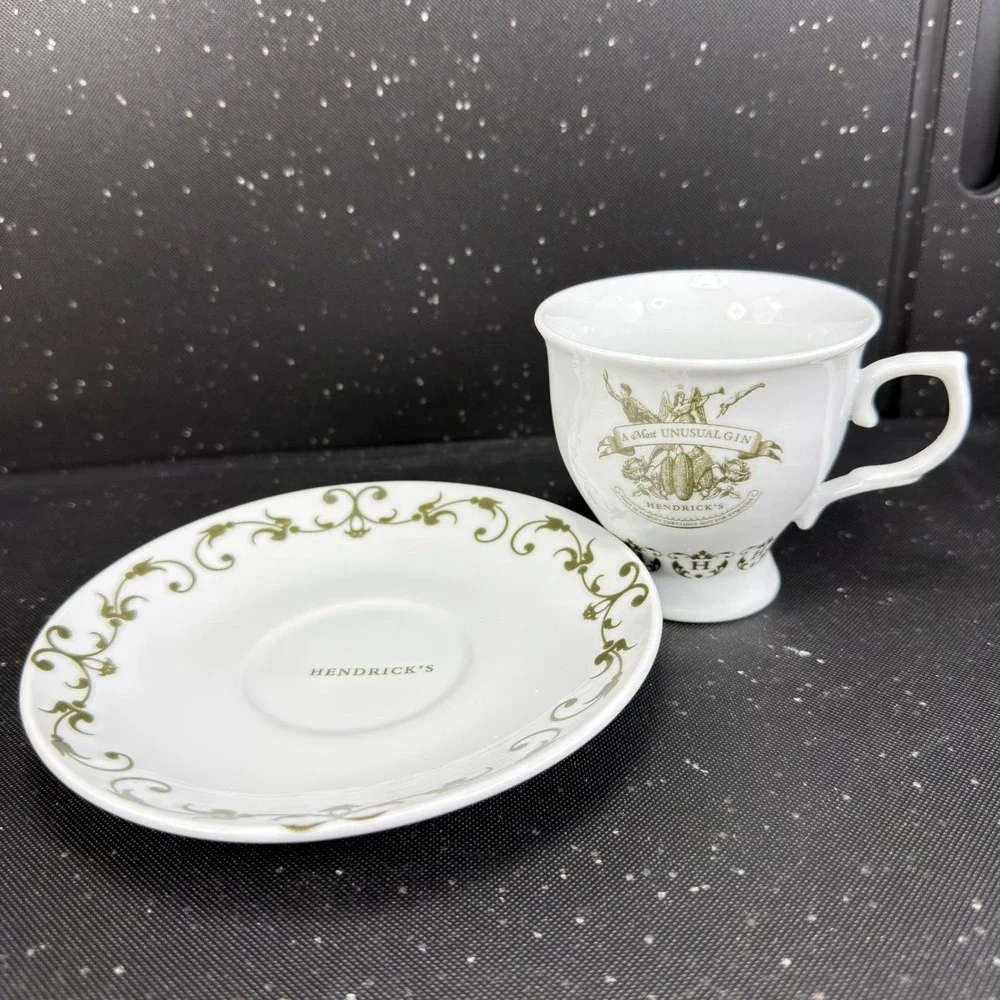 Hendricks Gin Tea Cup and Saucer Set A Most Unusual Gin White Green Victorian